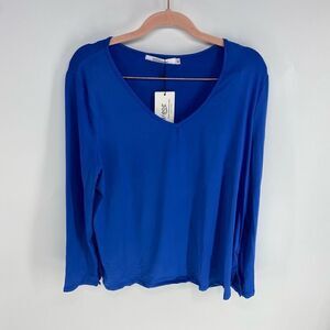 Meaneor Women's Blue Pullover Side Vent V-Neck Long Sleeve Top Size XL NWT